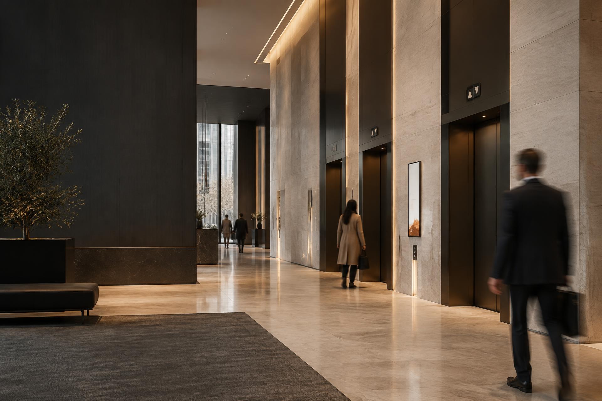 Premium commercial elevator lobby with an integrated building communication screen